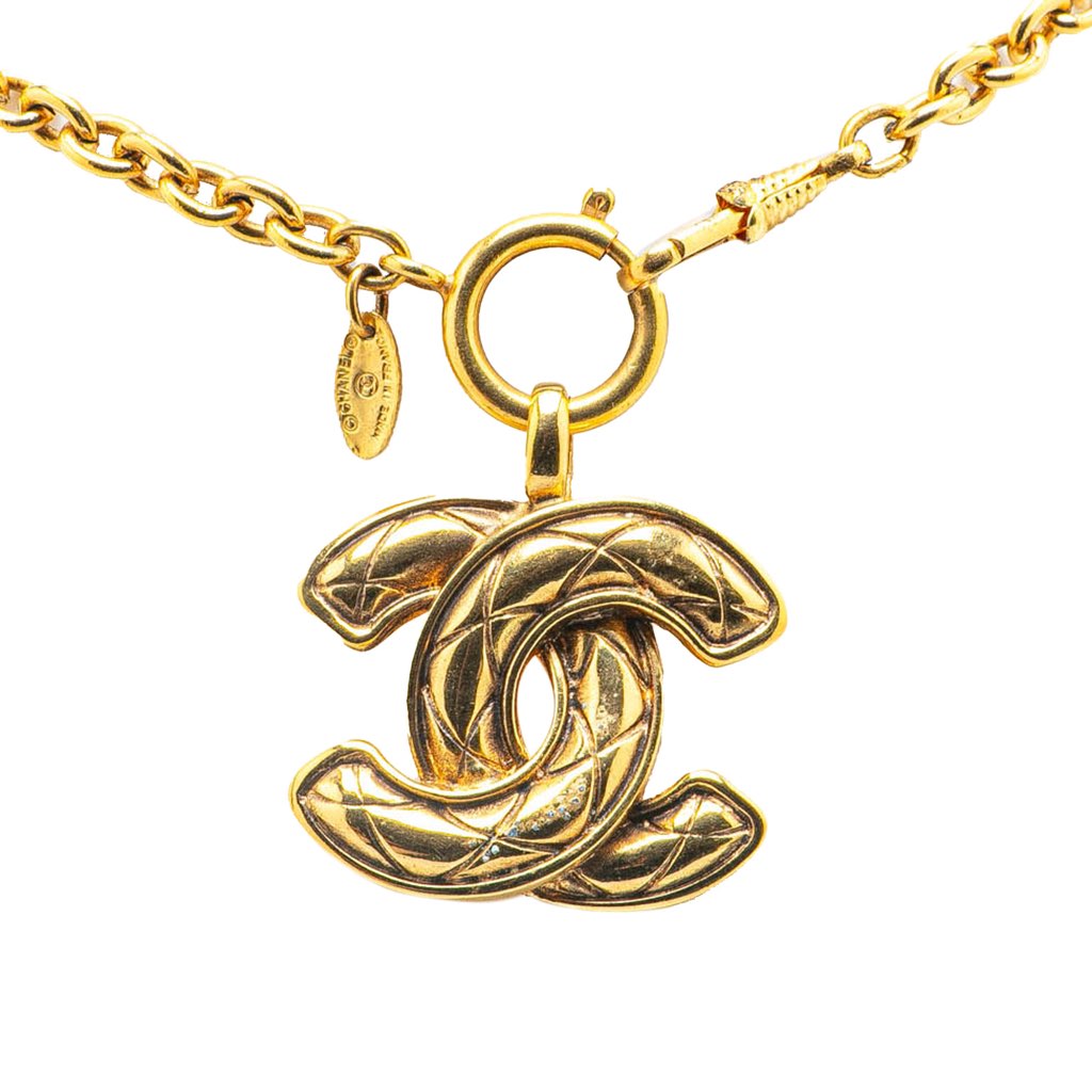 Chanel Gold Plated Quilted CC Pendant Necklace