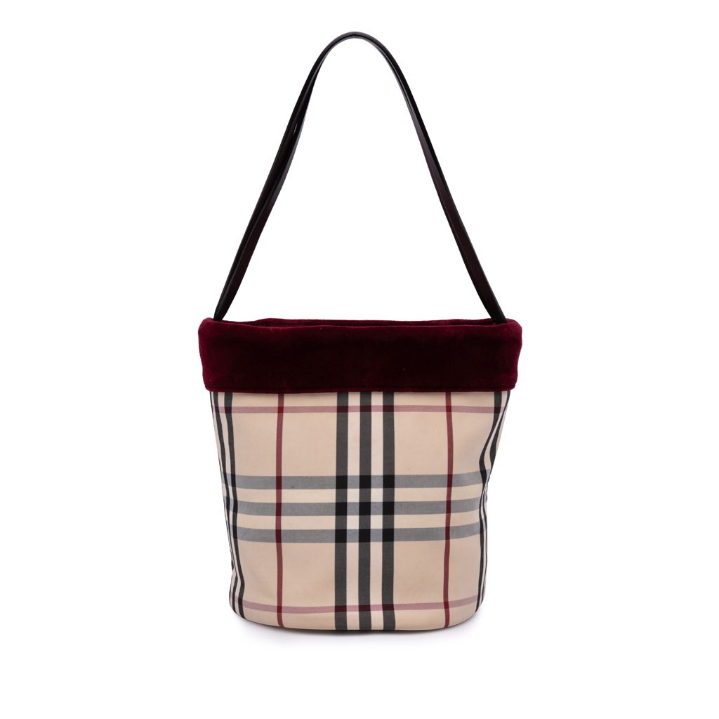 Burberry Velvet Trimmed House Check Canvas Bucket Bag