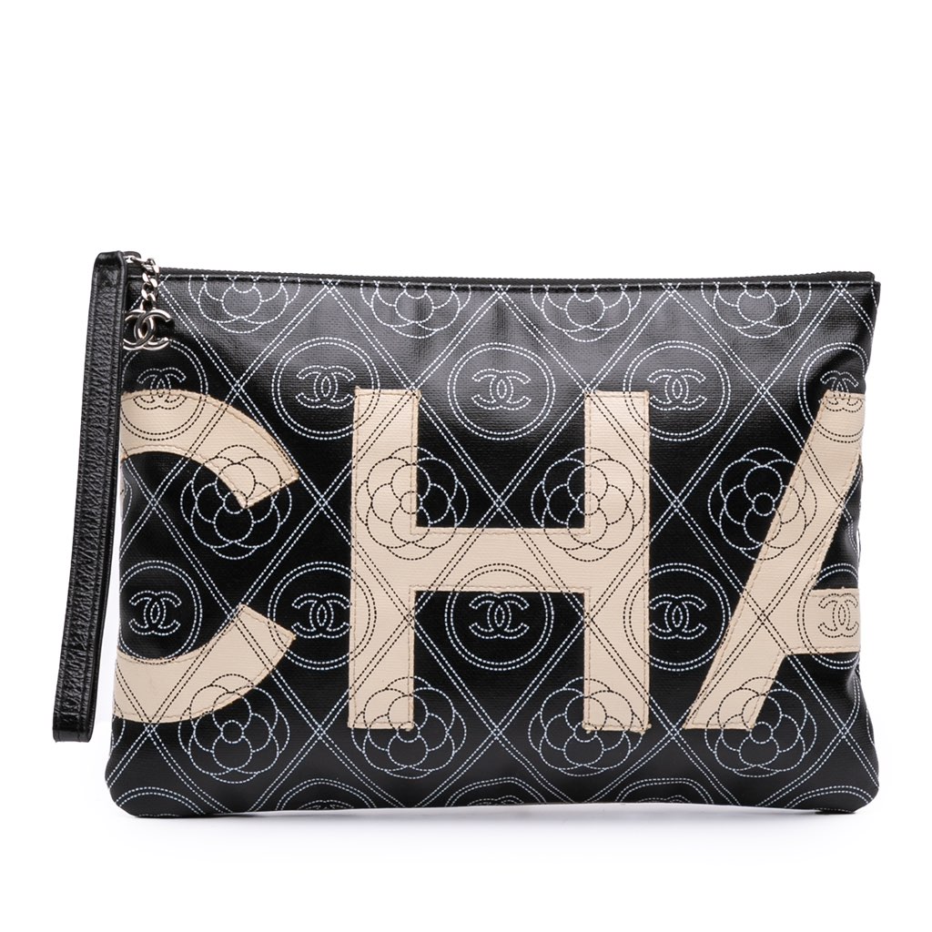 Chanel Coated Canvas Camellia Logo Wristlet Clutch