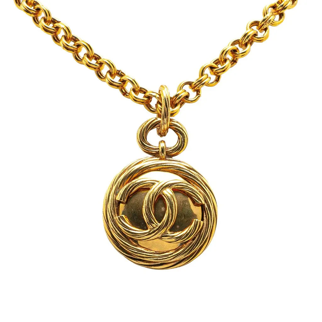 Chanel Gold Plated CC Round Mirror Pendant Necklace Gold Metal Good - Front View