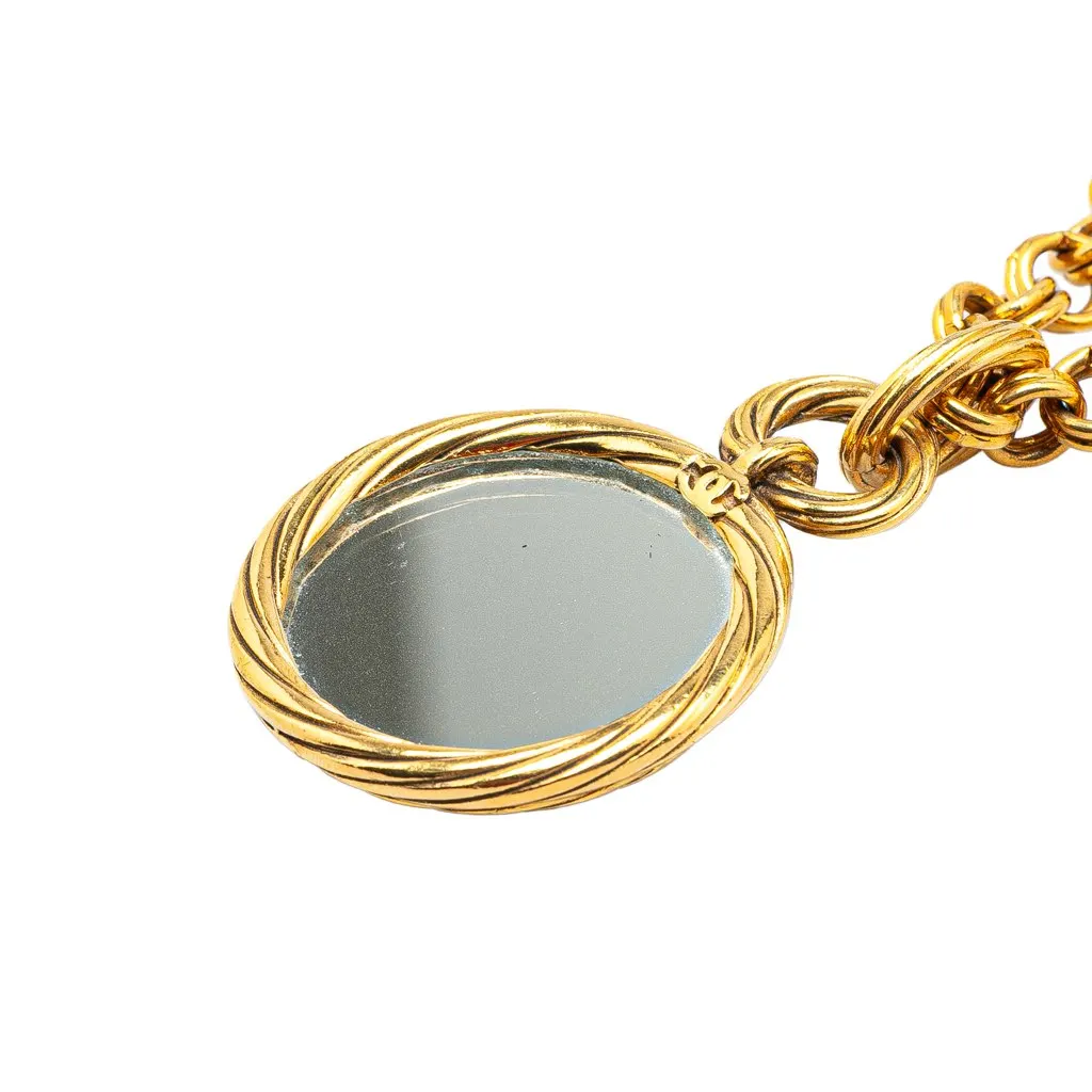 Chanel Gold Plated CC Round Mirror Pendant Necklace Gold Metal Good - Inside View