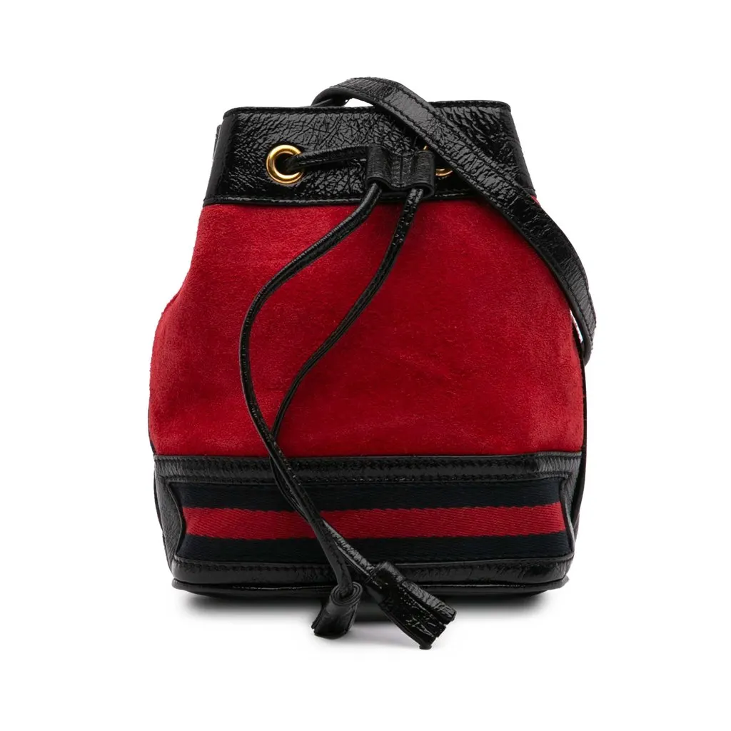 Gucci Mini Suede and Patent Web Ophidia Bucket Bag Red Leather Good - Front View
