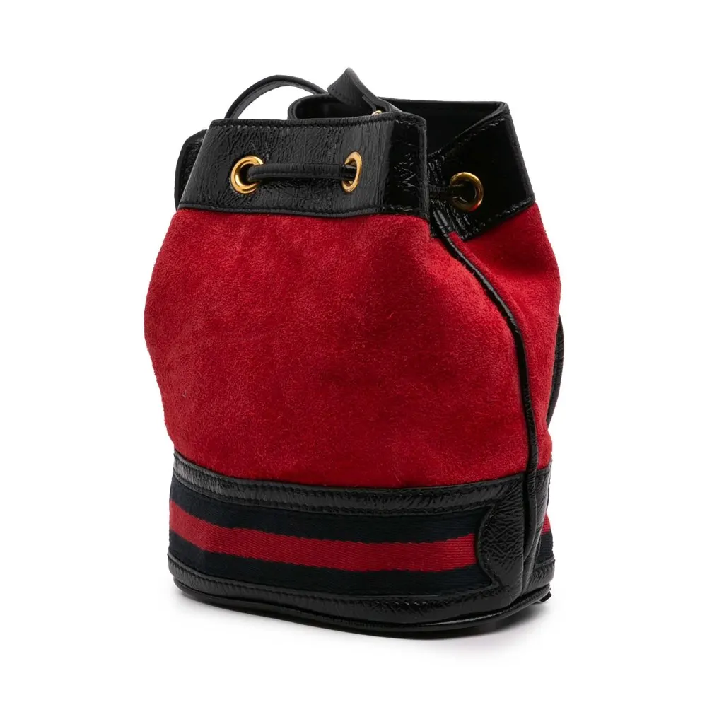 Gucci Mini Suede and Patent Web Ophidia Bucket Bag Red Leather Good - Back View