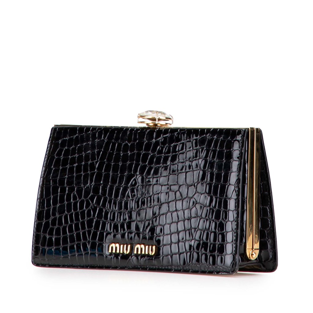 Miu Miu Croc Embossed Leather Crystal Embellished Solitaire Clutch - 2