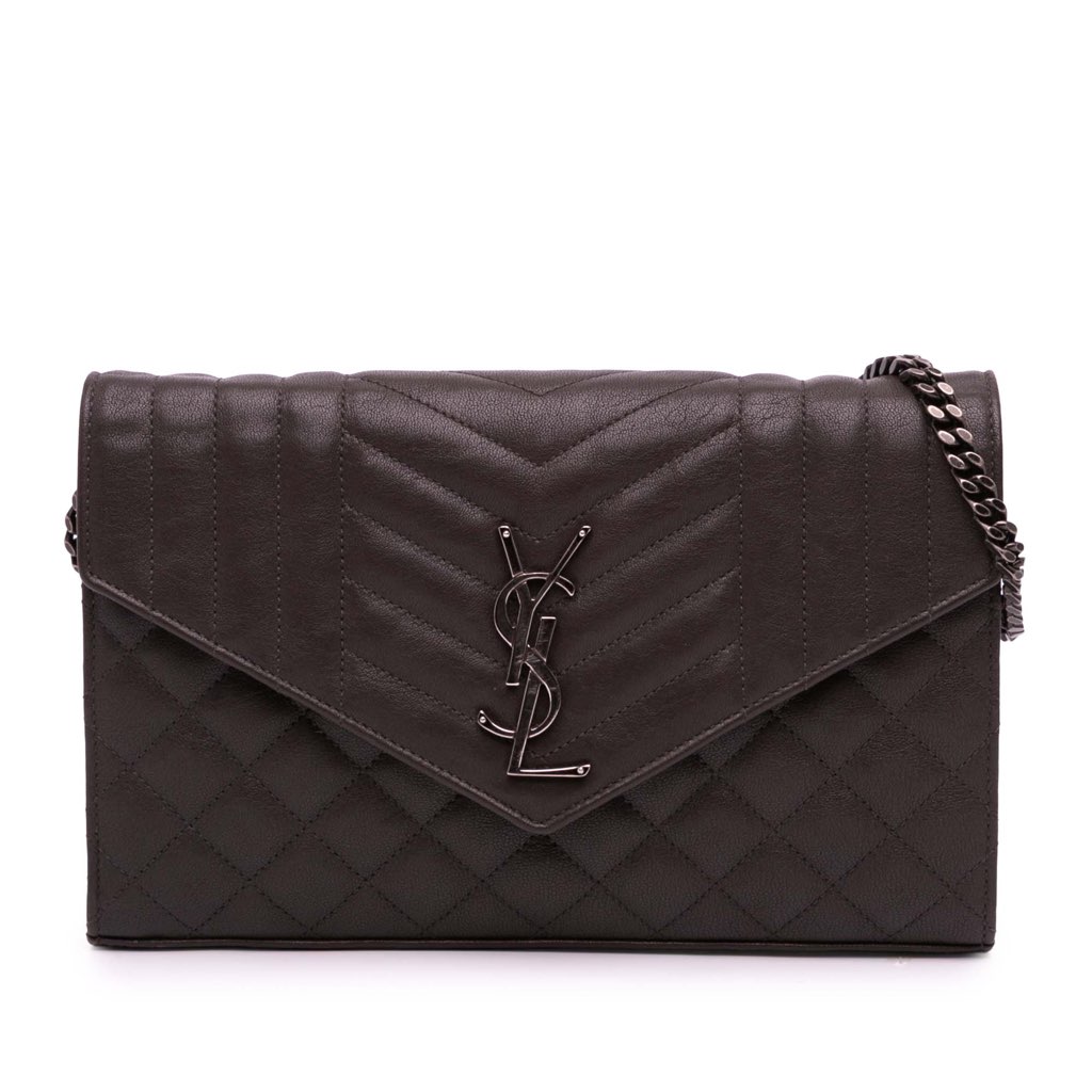 Saint Laurent Triquilt Sheepskin Monogram Envelope Wallet on Chain