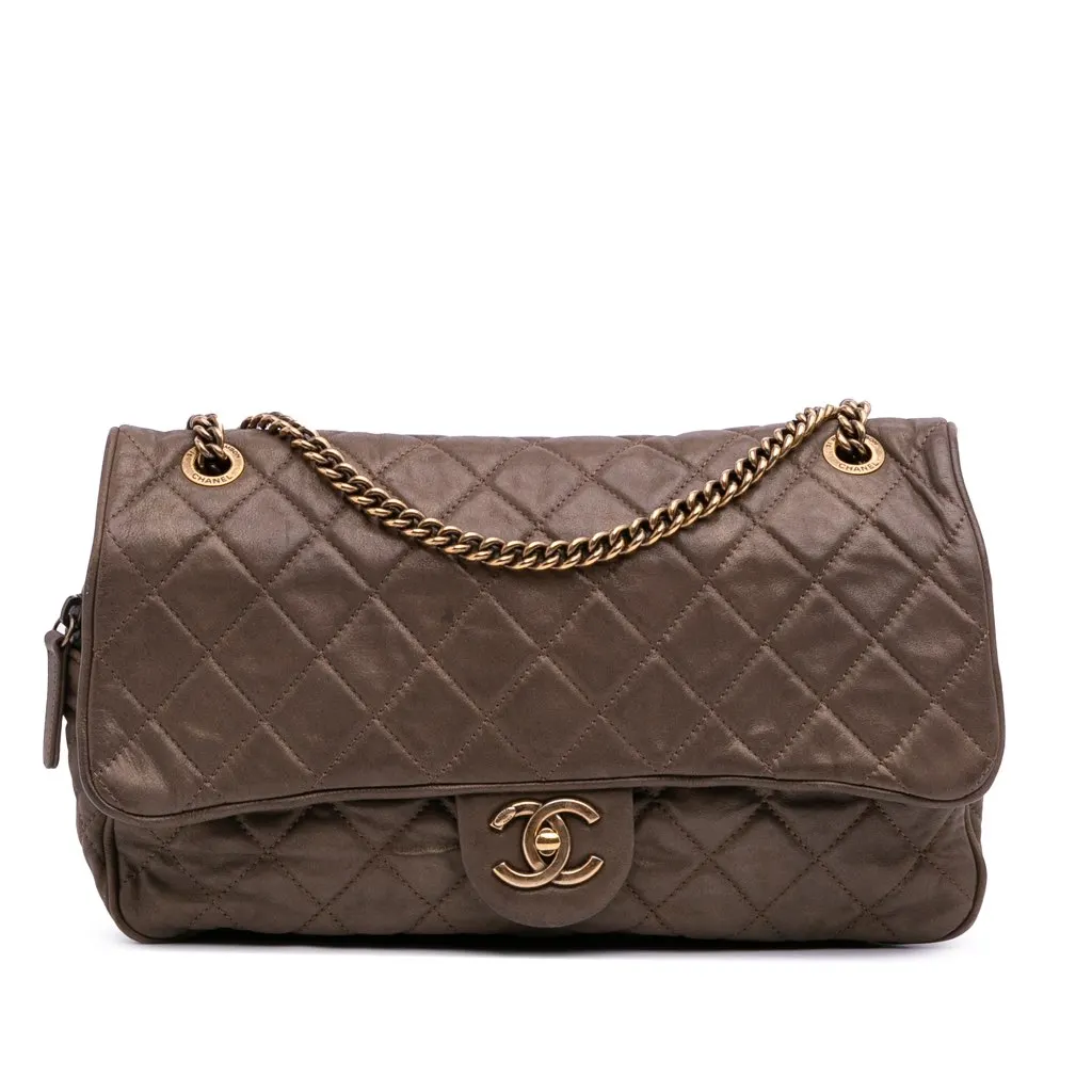 Chanel Large Quilted Iridescent Calfskin Shiva Flap Brown Leather Good - Front View