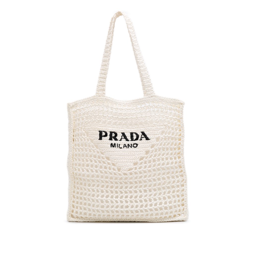 Prada Raffia Effect Crochet Logo Embroidered Tote