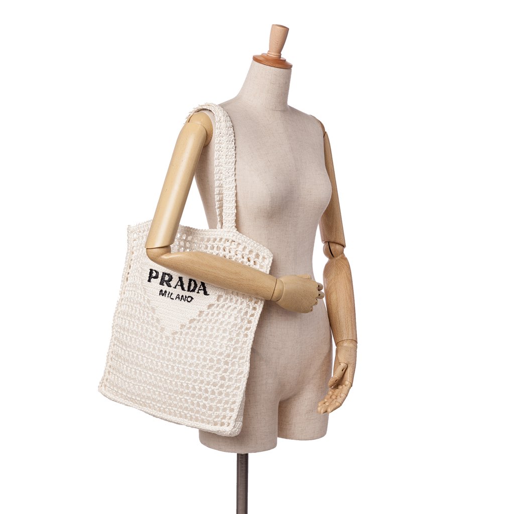 Prada Raffia Effect Crochet Logo Embroidered Tote - Image 11
