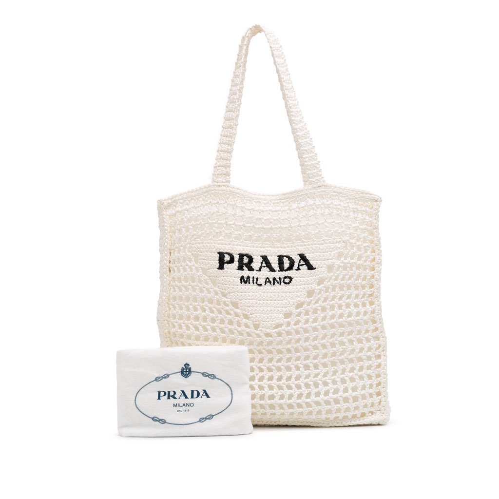 Prada Raffia Effect Crochet Logo Embroidered Tote - Image 12