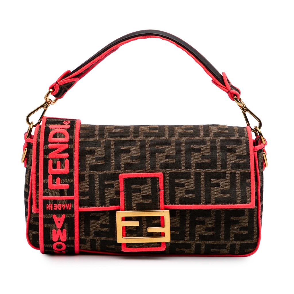 Fendi Medium Zucca Canvas Fluo Trim Baguette Satchel