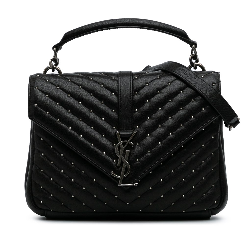 Saint Laurent Medium Quilted Chevron Studded Sheepskin College Satchel