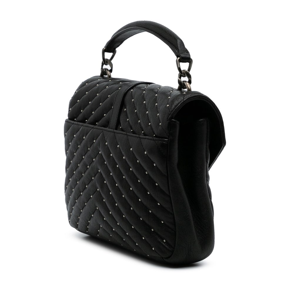 Saint Laurent Medium Quilted Chevron Studded Sheepskin College Satchel - 2