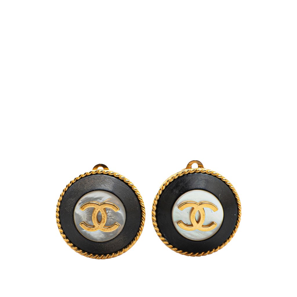Chanel Gold Plated Acrylic CC Button Clip On Earrings
