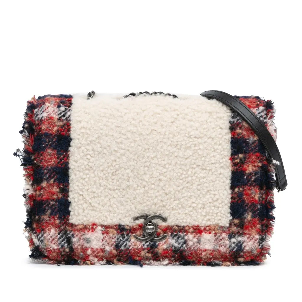 Chanel CC Tweed and Shearling Single Flap MultiColor Tweed Good - Front View