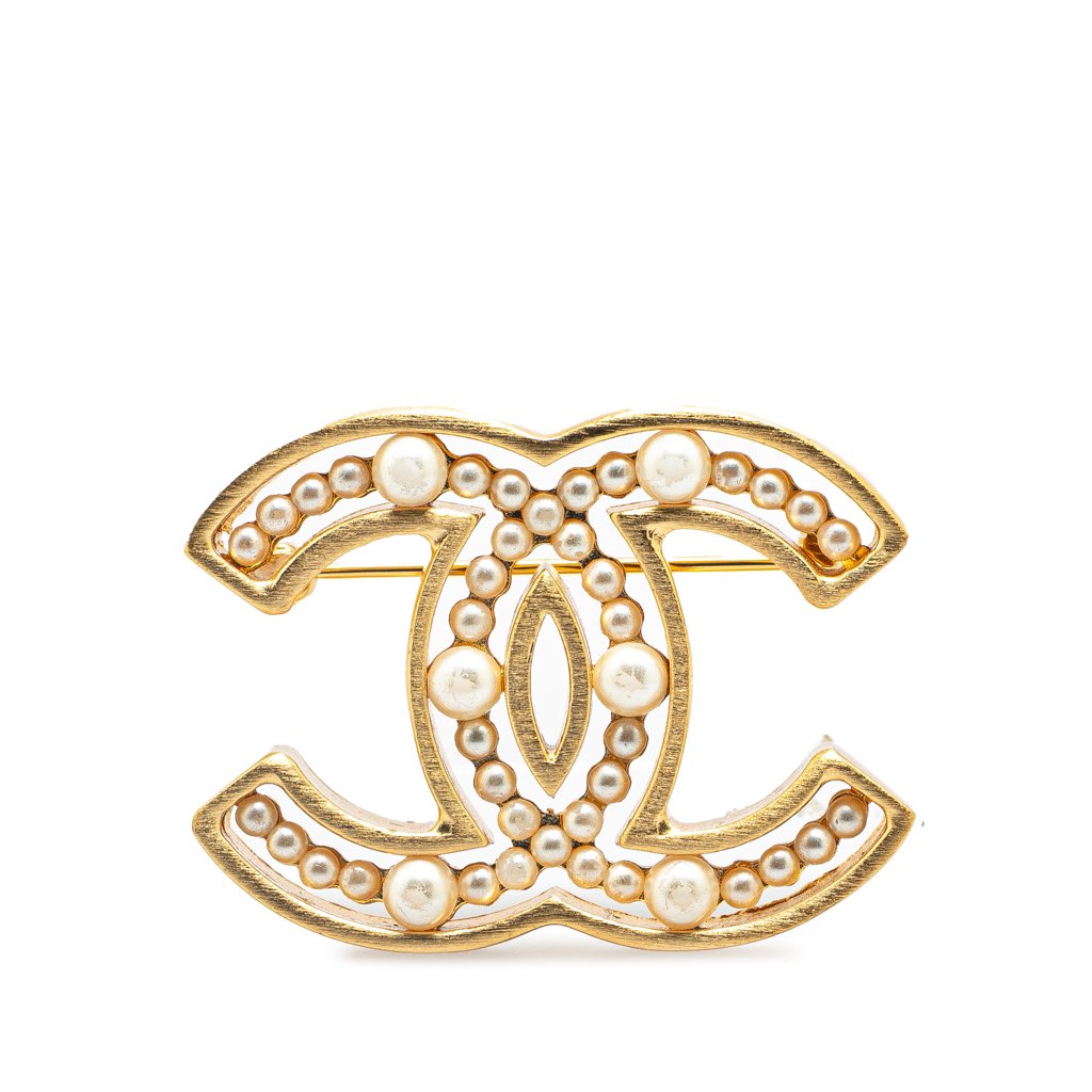 Chanel Gold Plated Faux Pearl CC Brooch