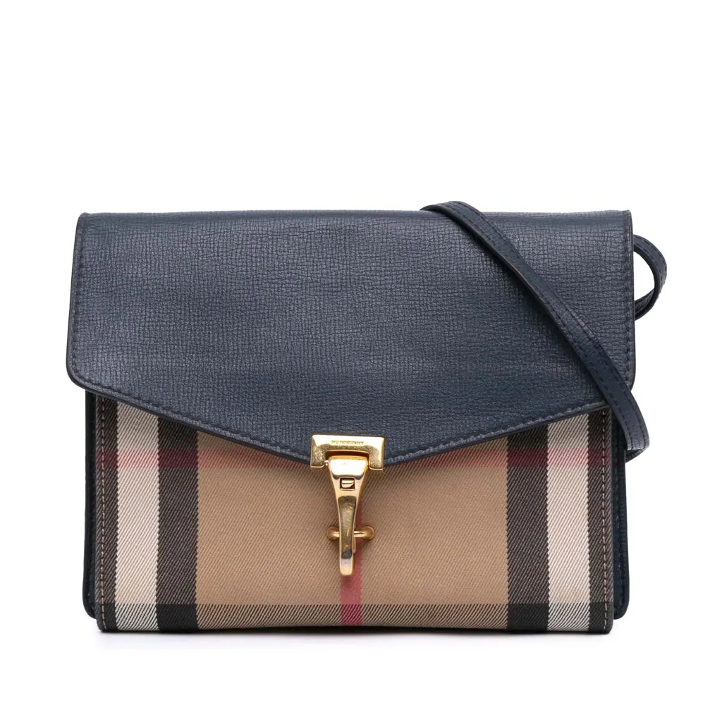 Burberry House Check Canvas and Leather Derby Macken Crossbody Blue Leather Good - Front View