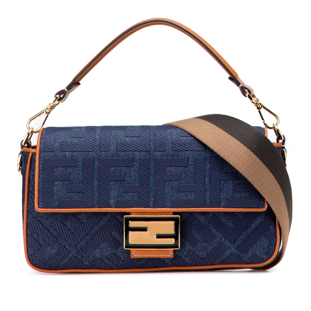 Fendi Zucca Embroidered Denim Baguette Satchel