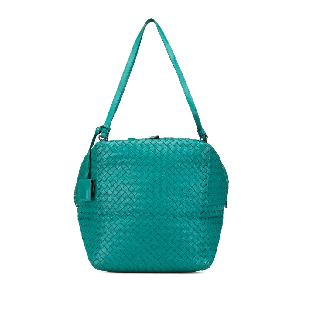 Bottega Veneta Nappa Intrecciato Cube Shoulder Bag Blue Leather Good - Front View