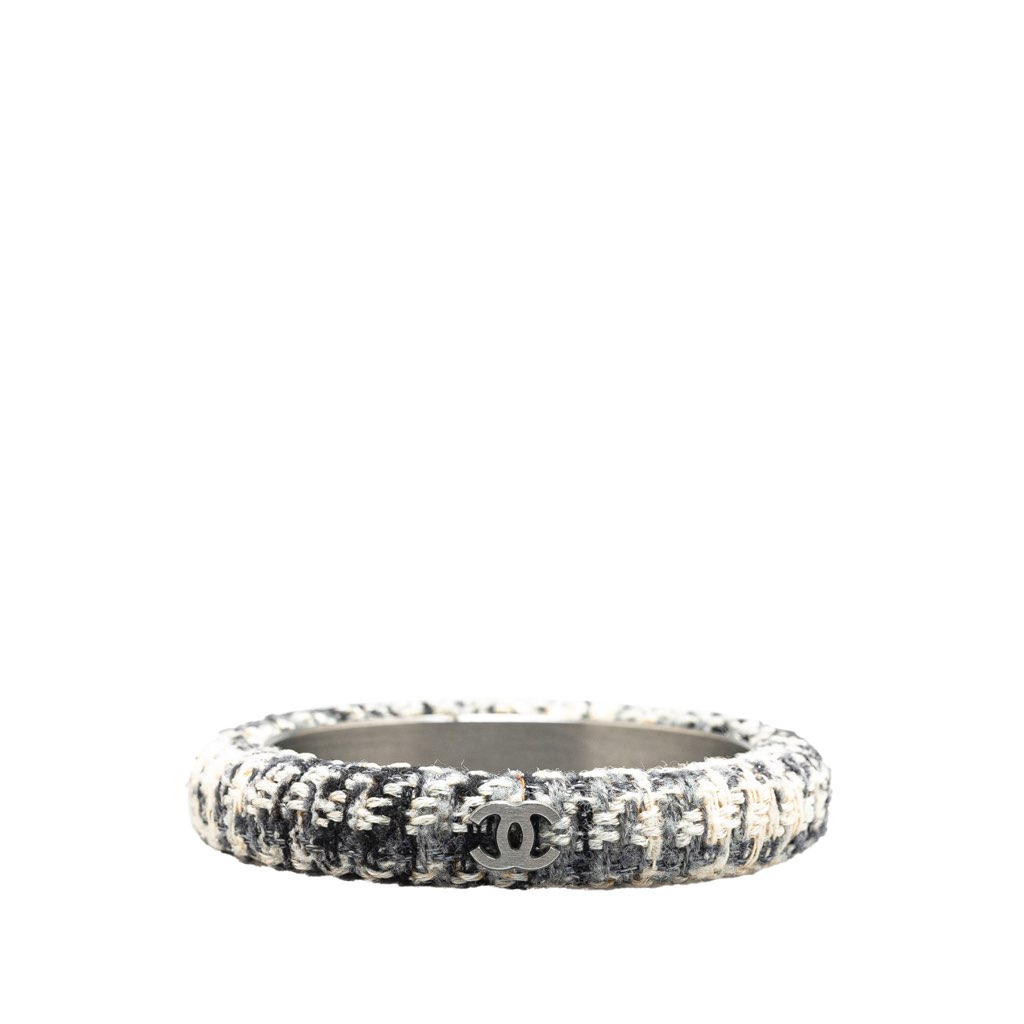 Chanel CC Silver and Tweed Narrow Bangle