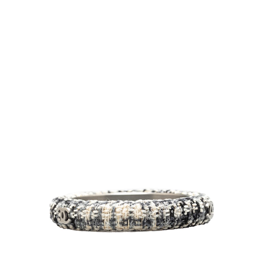 Chanel CC Silver and Tweed Narrow Bangle - 3