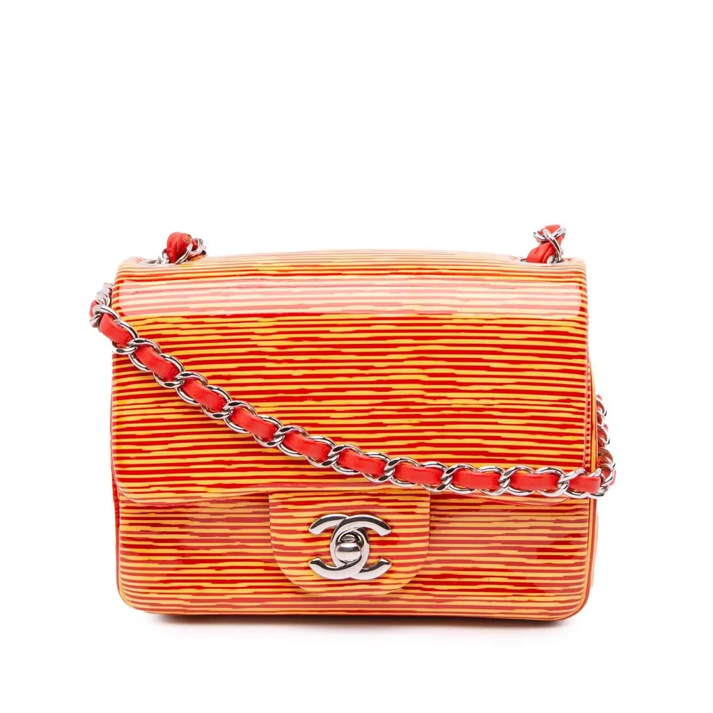 Chanel Mini Square Classic Patent Striped Single Flap Orange Leather Very good - Front View