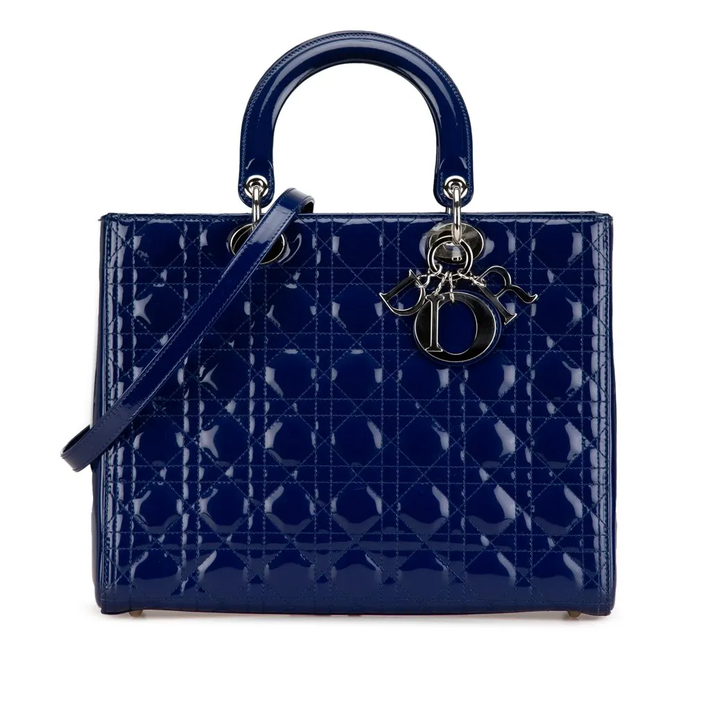 Dior Large Patent Cannage Lady Dior Blue Leather Good - Front View