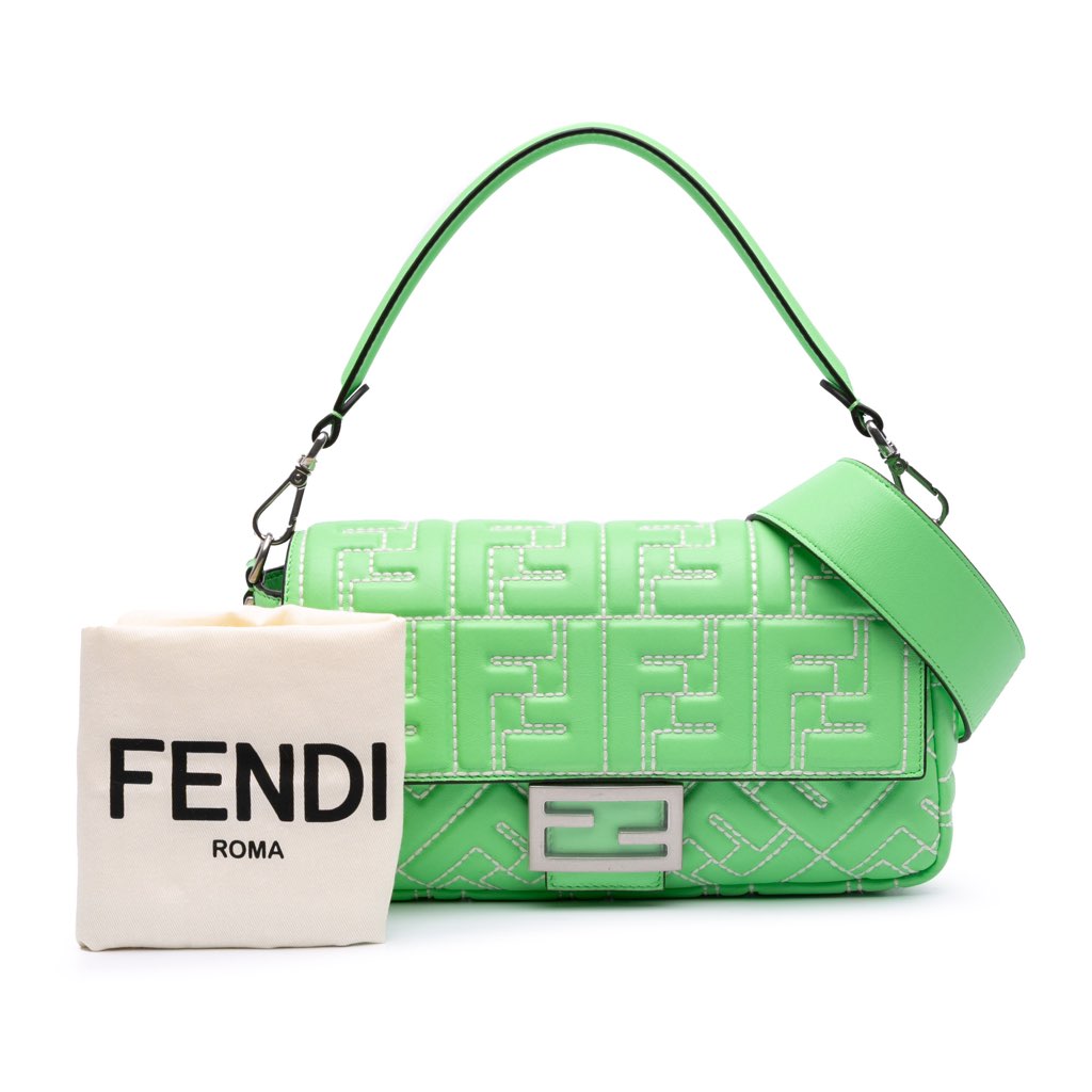 Fendi Medium Leather Embossed FF Baguette Satchel - Image 11