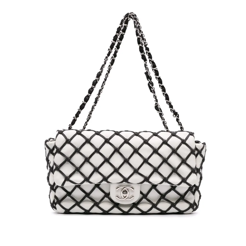 Chanel Jumbo Calfskin Canebiers Net Flap White Leather Good - Front View