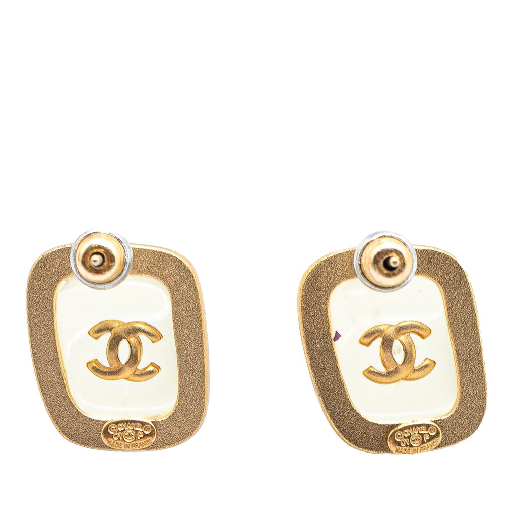 Chanel Gold Plated CC Resin Square Push Back Earrings - 2