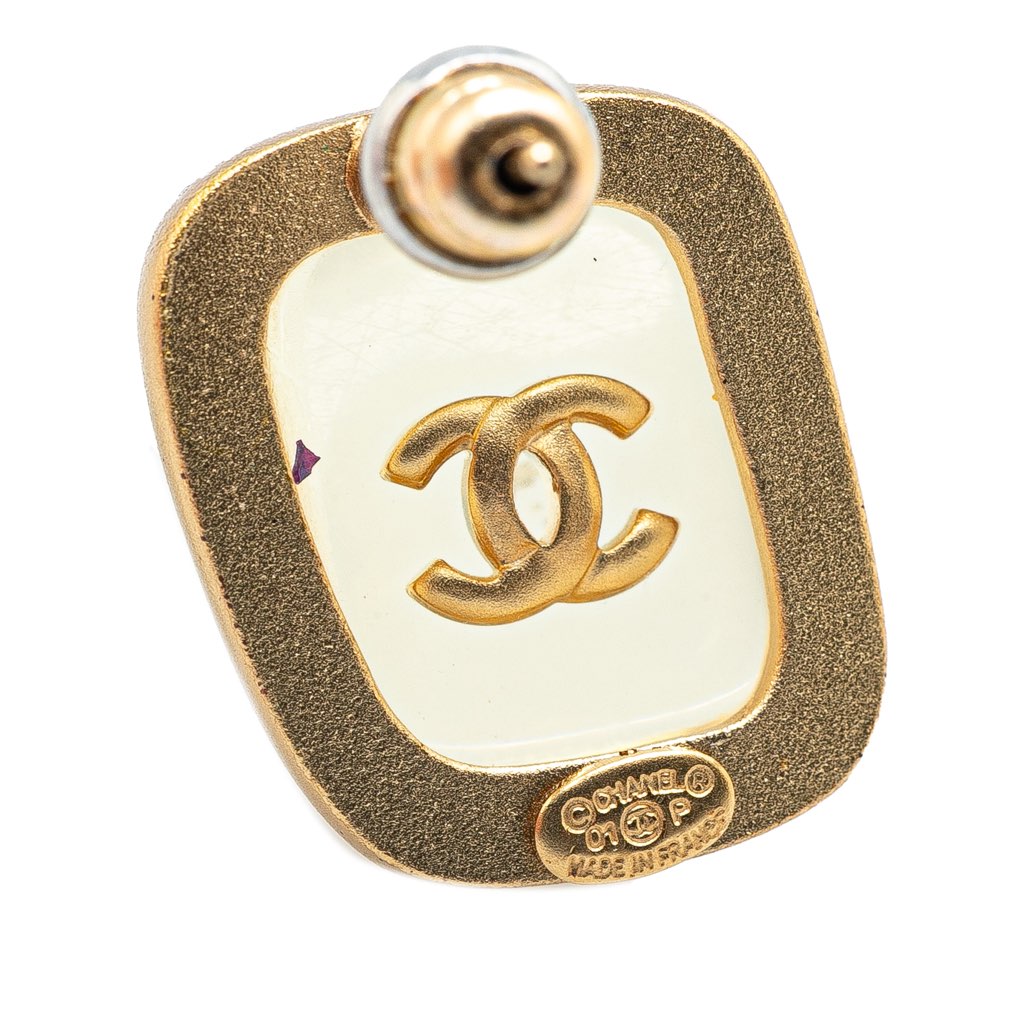 Chanel Gold Plated CC Resin Square Push Back Earrings - 3