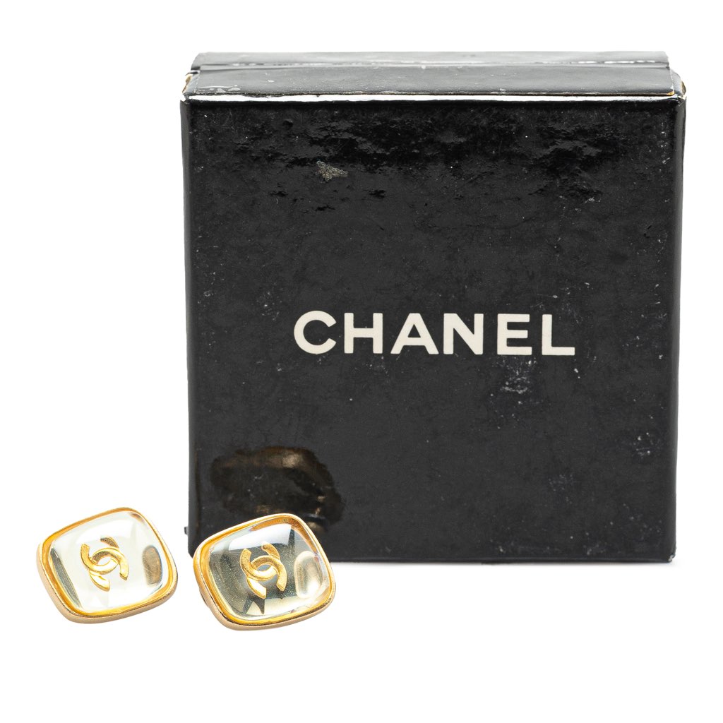 Chanel Gold Plated CC Resin Square Push Back Earrings - 4