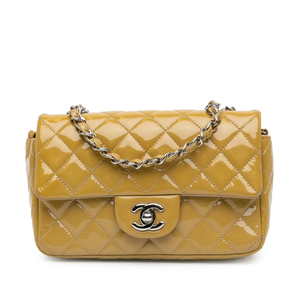 Chanel Mini Rectangular Classic Patent Single Flap Yellow Leather Good - Front View