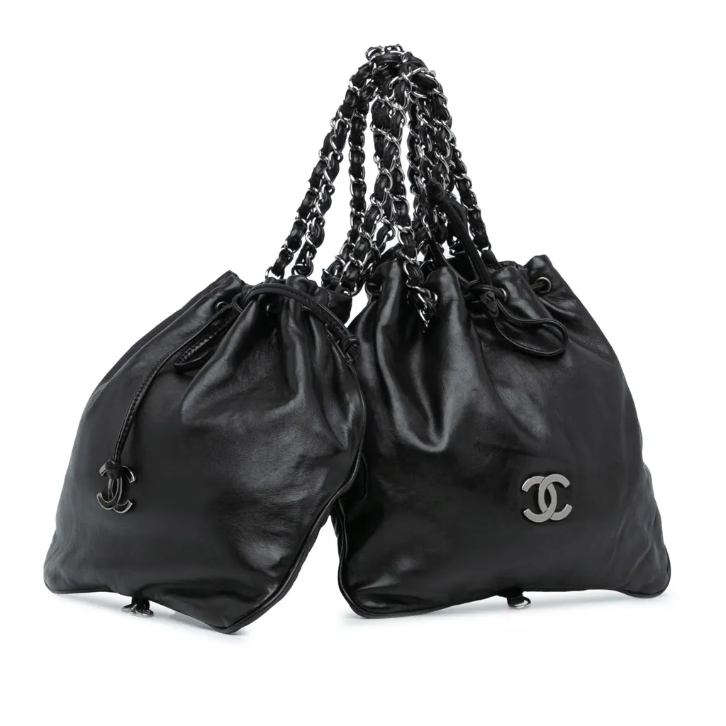 Chanel CC Calfskin Dual Twin Chain Handbag Black Leather Good - Front View