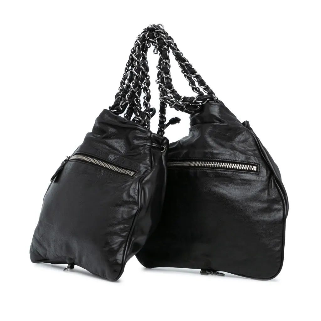 Chanel CC Calfskin Dual Twin Chain Handbag Black Leather Good - Back View