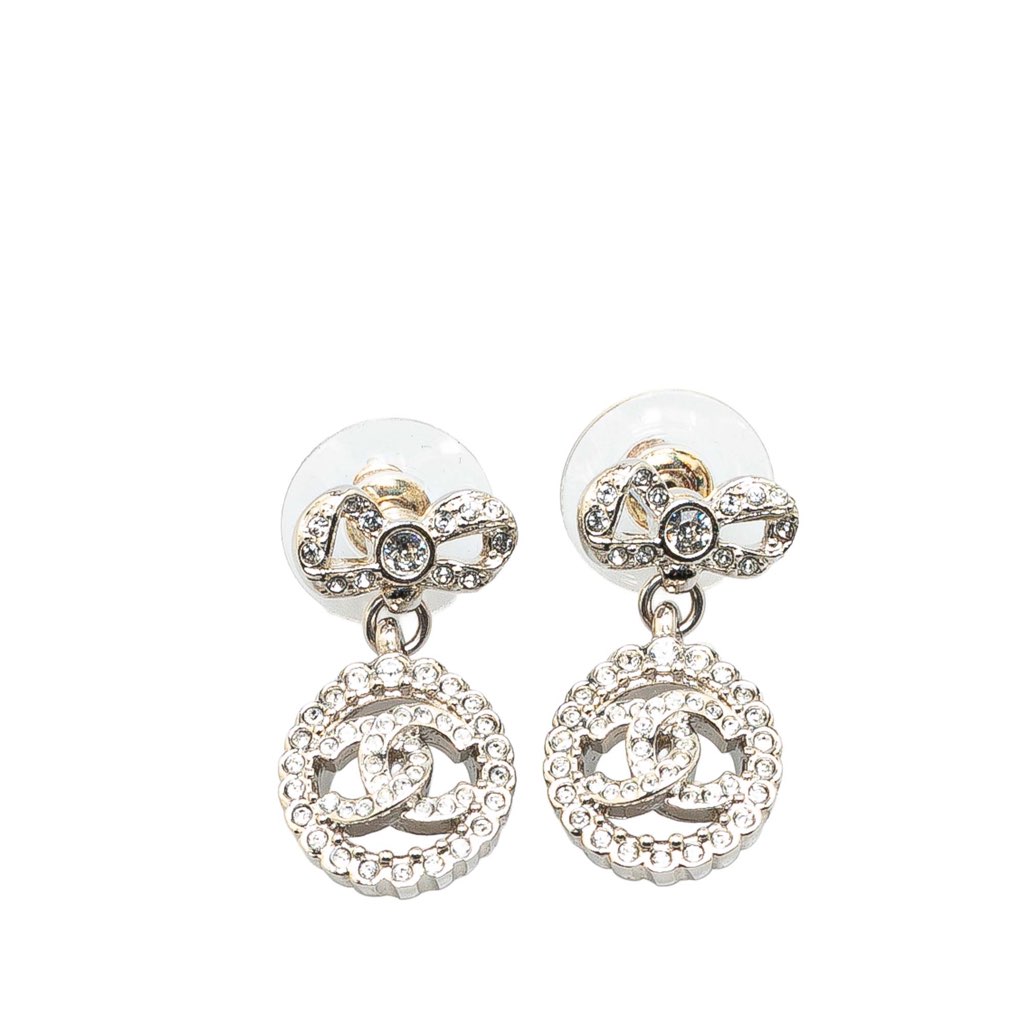 Chanel Silver CC Rhinestones Push Back Earrings