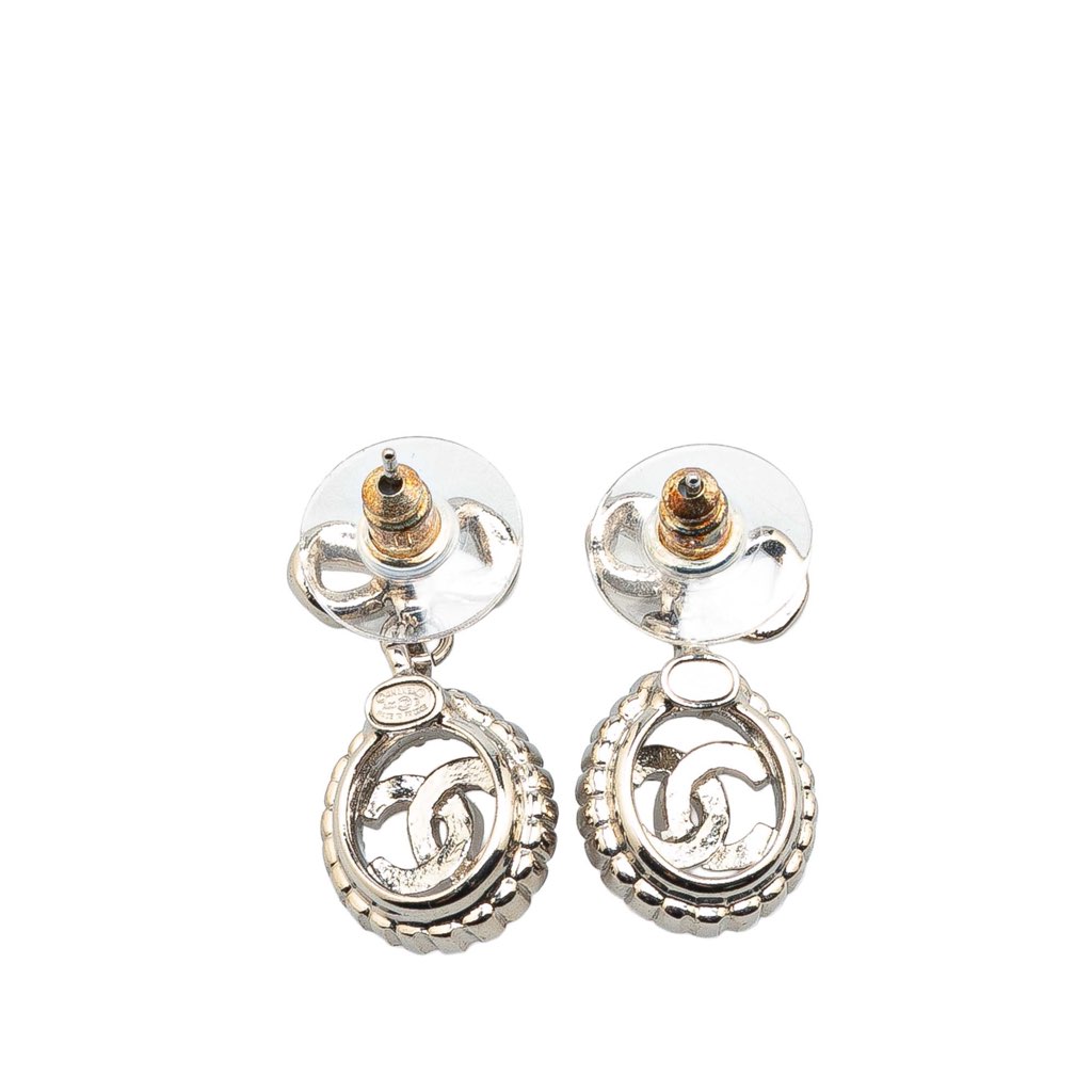 Chanel Silver CC Rhinestones Push Back Earrings - Back view
