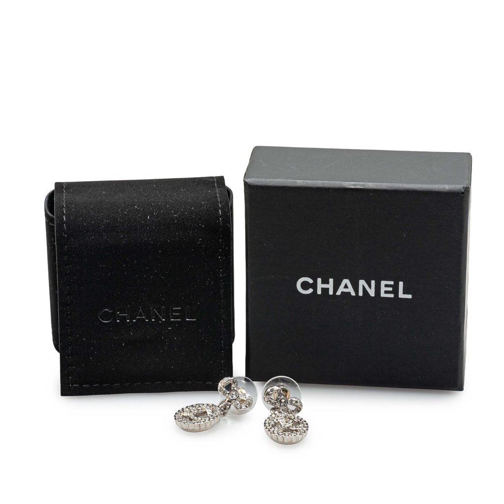 Chanel Silver CC Rhinestones Push Back Earrings - 4
