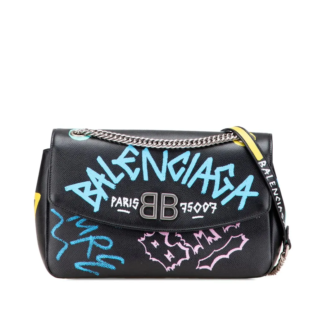 Balenciaga M Grained Calfskin Graffiti BB Round Crossbody Black Leather Good - Front View