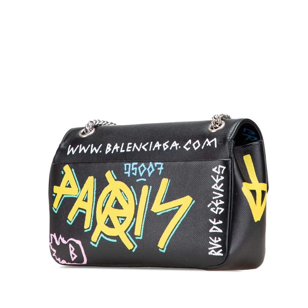 Balenciaga M Grained Calfskin Graffiti BB Round Crossbody Black Leather Good - Back View