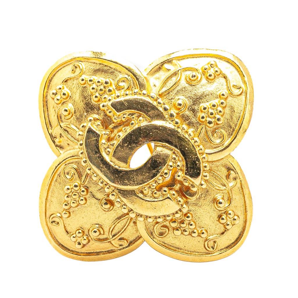 Chanel Gold Plated CC Clover Brooch