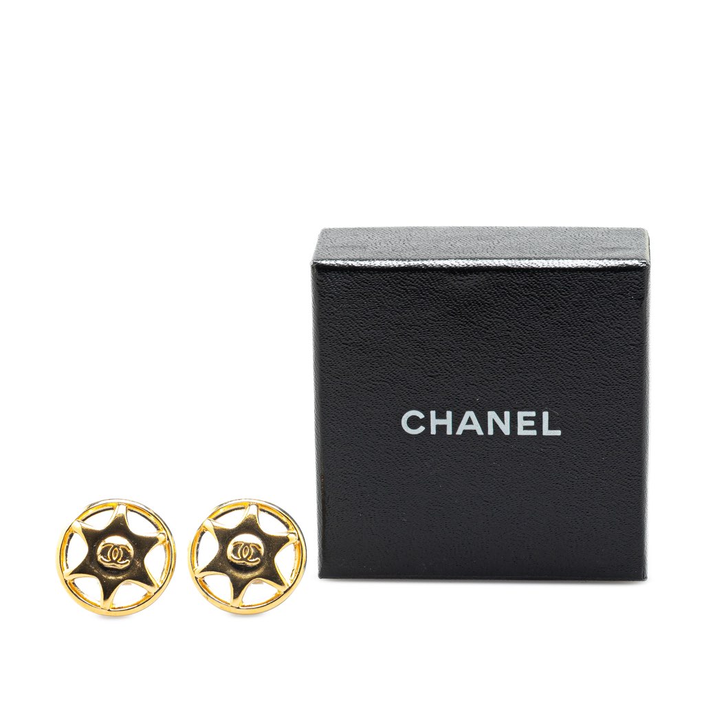 Chanel Gold Plated CC Round Star Clip On Earrings - 4