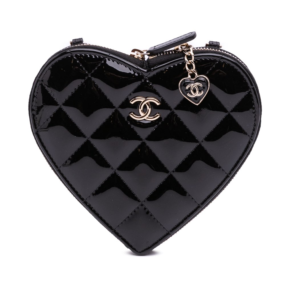 Chanel Quilted Patent Calfskin CC Heart Clutch With Chain