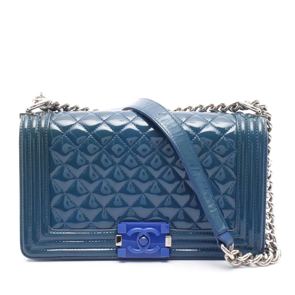 Chanel Old Medium Quilted Patent Acrylic Boy Flap Blue Leather Good - Front View