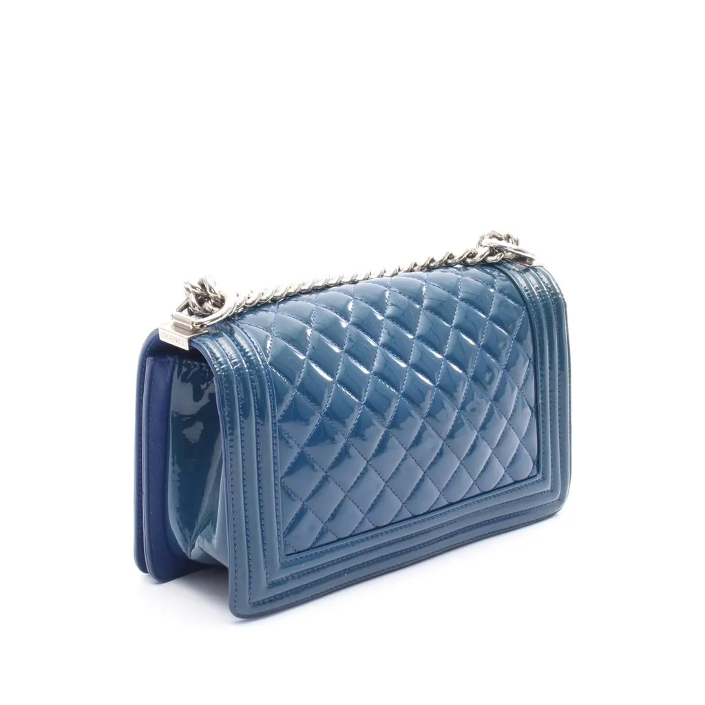 Chanel Old Medium Quilted Patent Acrylic Boy Flap Blue Leather Good - Back View