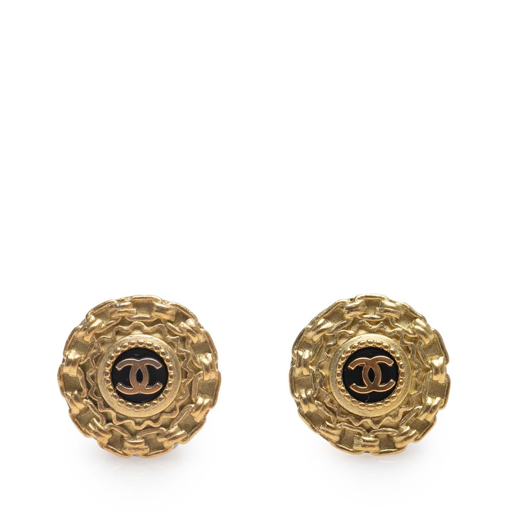 Chanel Gold Plated Resin CC Button Clip on Earrings