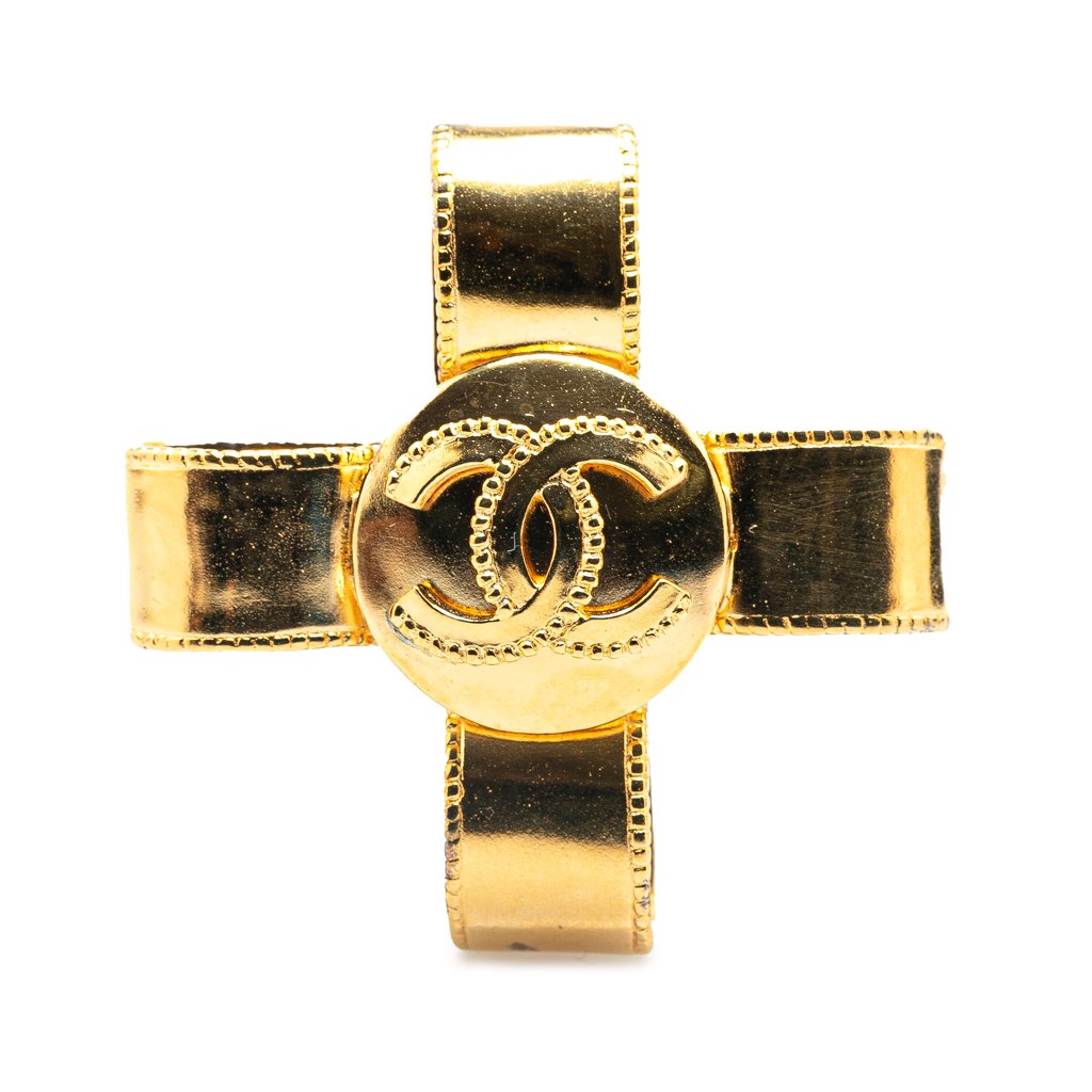 Chanel Gold Plated CC Ribbon Cross Brooch