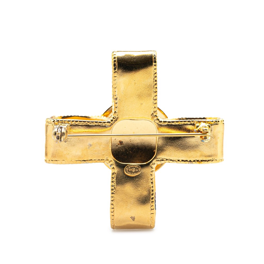 Chanel Gold Plated CC Ribbon Cross Brooch - Back view