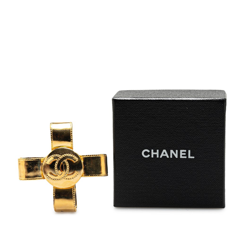 Chanel Gold Plated CC Ribbon Cross Brooch - 4