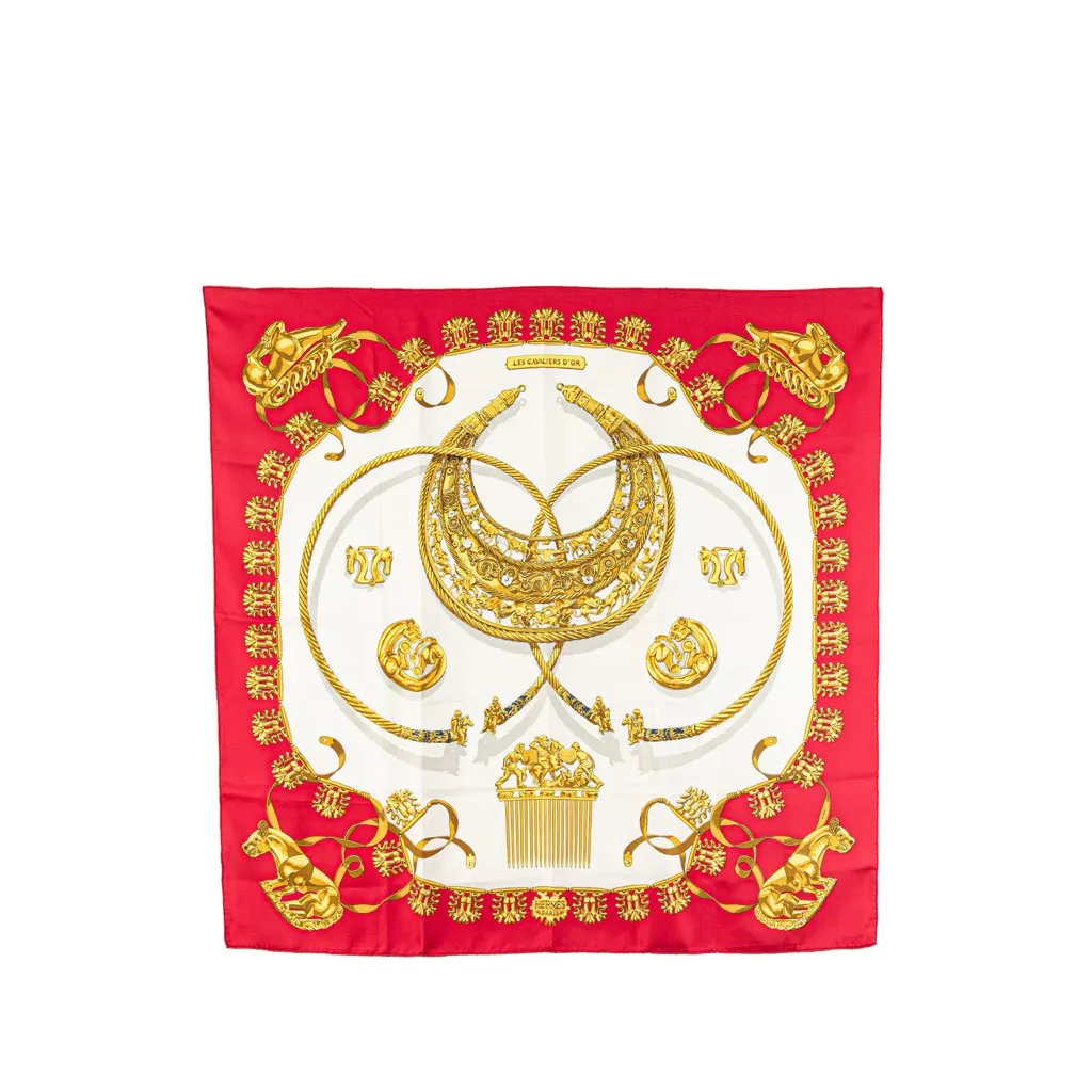 Hermès Les Cavalier d Or Silk Scarf Red Silk Good - Front View