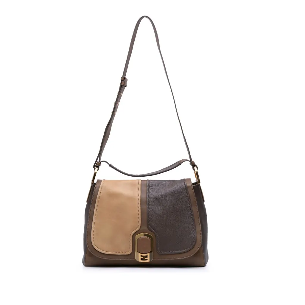 Fendi Calfskin Colorblock Anna Satchel Brown Leather Good - Front View
